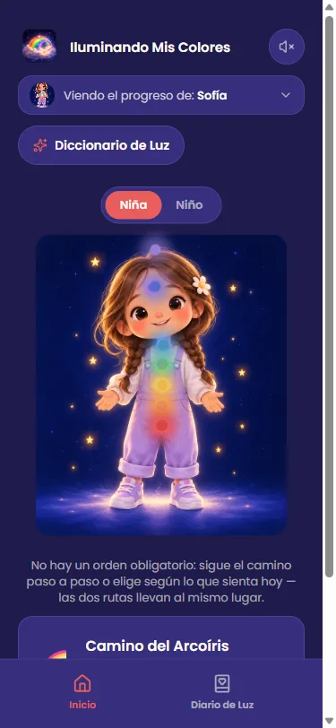 Pantalla principal con el niño y sus 7 colores encendidos